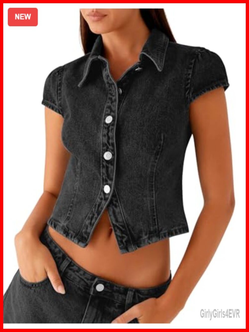 Cropped Denim Shirt Button Down Short Sleeve Puff Sleeve Top